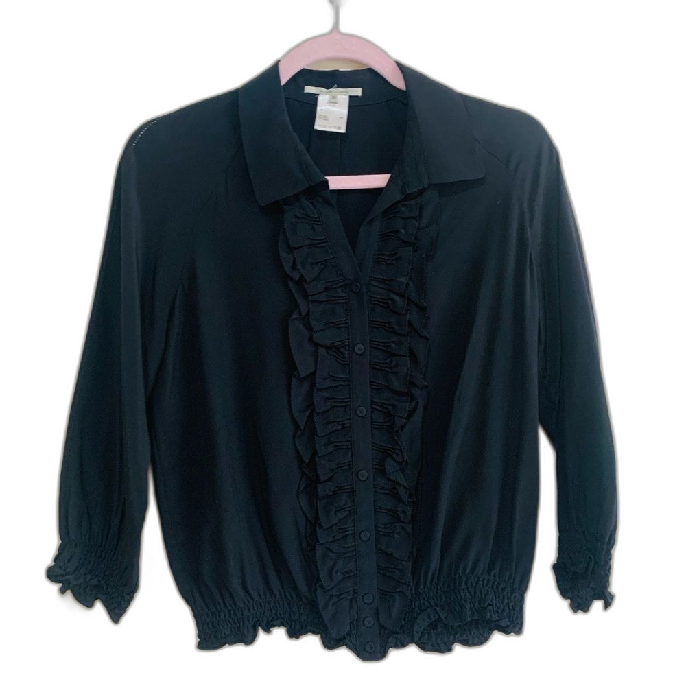 Gerard Darel Black Ruffle-Front Button Down Silk Blouse